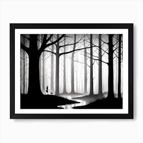 Silhouette Of A Girl In The Forest, black and white monochromatic art Art Print