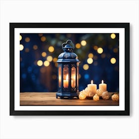 Blue Lantern With Candles On Wooden Table Art Print