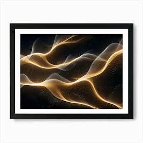 Abstract, Flowing, Golden Light Lines And Streaks Against A Dark Background With Small, Shimmering Dots Creating A Wave Pattern Art Print