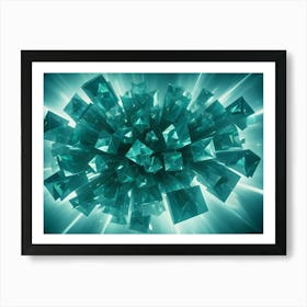 A Cluster Of Reflective, Teal Geometric Shapes Explode Outward With Rays Of Light, Resembling A Crystal Or A Digital Burst Art Print