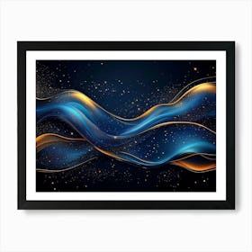 Abstract Blue and Gold Wave Design with Fluid Lines and Glowing Stars Art Print