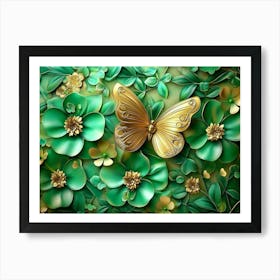 3d Art Abstract Floral Background with Green Flowers and Golden Butterfly 1 Art Print