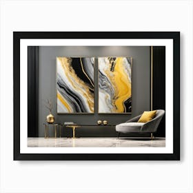 Abstract Art Featuring Liquid Marble Patterns Flowing Together In A Dance Of Grey Black Yellow G (5) Art Print