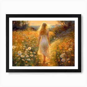 Young Woman Walking Through A Field Of Flowers Art Print