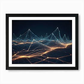 A 3d Illustration Of A Digital Landscape With Glowing Lines And Points Resembling Mountains Art Print