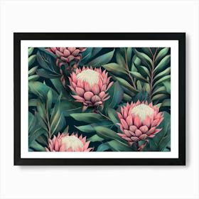 Tropical Exotic Seamless Pattern With Protea Flowers In Tropical Leaves Painting Art Print