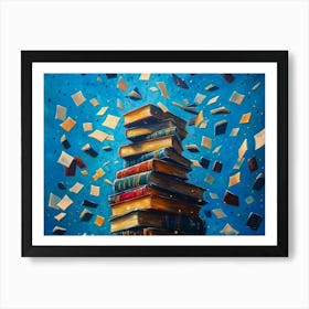 A Captivating Art Piece Featuring A Towering Stack Of Books With Flying Letters 1 Art Print