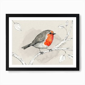 Robin pen and ink with watercolor Art Print