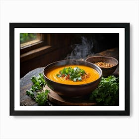 Autumn Pumpkin Curry Soup Steaming In An Earthenware Bowl Vibrant Orange Against Dark Green Lettuc (4) Art Print