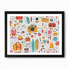 A Seamless Pattern Filled With Various Hand Drawn Elements, Including Cameras, Strawberries, Hearts, Music Notes, And More, In A Playful And Colorful Style Art Print