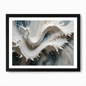 A Mesmerizing, Abstract Image Of A Swirling, White Liquid Form Against A Gray And Beige Marbled Background Art Print