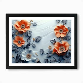 3d Artwork Illustration, White And Blue Background, Golden Jewelry, Flowers 1 Poster