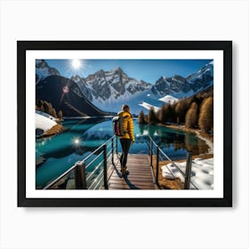 Woman trekking at snowy winter Alps, Rocky Mountains 2 Art Print