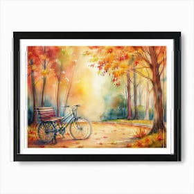 A Cozy Autumn Scene With A Bicycle Parked Near A (1) Art Print