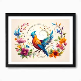 A Magnificent Bird With Abstract Flowers Decoration - Color Illustration On White Background Art Print