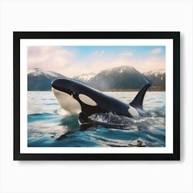 Realistic Photography Of Orca Whale Emerging Out Of Water With Icy Mountain In Background 2 Art Print