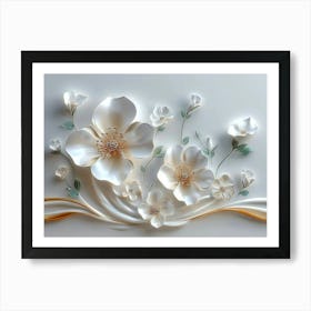 3d Artwork Illustration White And Blue Background With Golden Jewelry And Flowers, In Black Designative Art Print