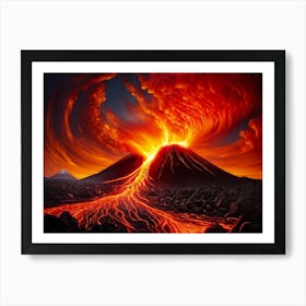 Volcano Eruption With Dynamic Magma Flow Illustration Depicting Lavas Fiery Hues Of Orange And Red Art Print