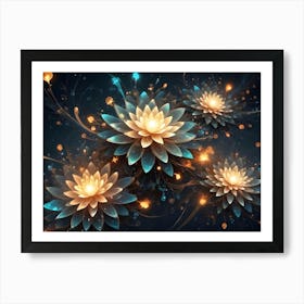 Three Glowing, Translucent Flowers In Shades Of Gold And Teal Bloom Against A Dark Background With Shimmering Particles Art Print