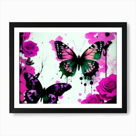 Pink Roses And Butterflies Art Print