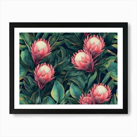 Tropical Exotic Seamless Pattern With Protea Flowers In Tropical Leaves Art Print