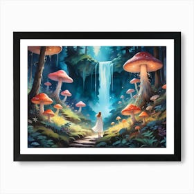 Woman Walking Through A Mystical Forest With Glowing Mushrooms And A Waterfall 4 Art Print