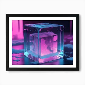 Pink Ice Cube With Blue Ice Cubes And Neon Lights Art Print