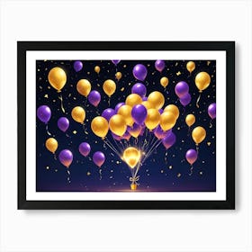 A Festive Celebration Scene With A Cluster Of Gold And Purple Balloons Floating Against A Dark Blue Background With Scattered Gold Confetti And A Glowing Light At The Bottom Art Print