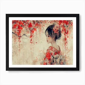 Geisha Grace: Elegance in Burgundy and Grey. Asian Girl In Red Dress Art Print