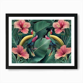 Tropical Background With Exotic Flowers, Birds, Banana Leaves, Palm, Protea, Hibiscus, Hummingbirds Art Print