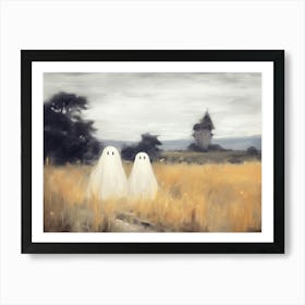 Cute Bedsheet Ghosts, Countryside Vintage Style, Halloween Spooky Art Print