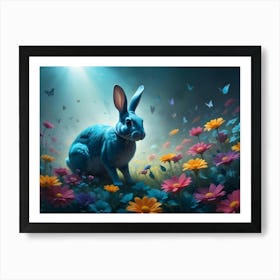 Blue Rabbit In A Field Of Flowers At Night, Butterflies Flying Around Art Print