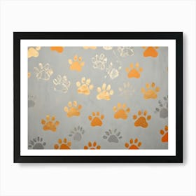 A Pattern Of Paw Prints In Gold And Gray On A Light Gray Background Art Print