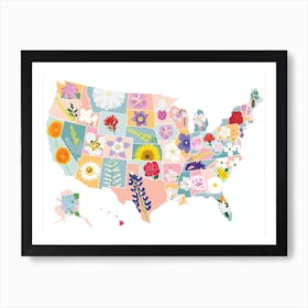 Usa Map With Flowers Art Print