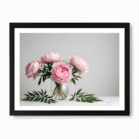 A Simple And Elegant Image Of Pink Peonies In A Glass Vase With Green Leaves, Creating A Delicate And Beautiful Still Life Art Print