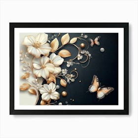 White Flowers And Butterflies Art Print