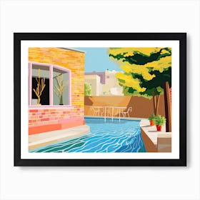 Summer London Patio, Outdoors With Pool And Trees, Hockney Style Art Print