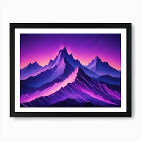 A Scene Of Mountains In The Distance Illuminated With Streaks Of Magenta Lights Against A Sunset Sky Art Print