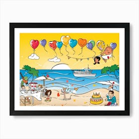 An Illustrated Idea Of A Birthday Party On The Beach Cartoon Valentine Balloons Hand Drawn Vector Art Print