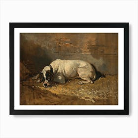 Vintage Painting Dog Laying In The Hay Art Print