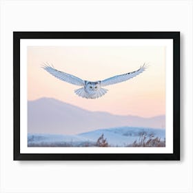 Snow Capped Mountains Under A Soft Pink Sunrise Skyline An Elegant White Owl With Vibrant Yellow Ey Art Print