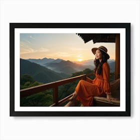 A Youthful Asian Woman Embodying Freedom Pleasure And Success Embarks On An Extreme Adventure P Art Print