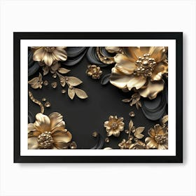 3d Golden Jewelry And Flowers In Black Design 1 Art Print