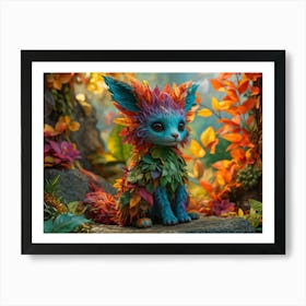 Whimsical Creature With Vibrant Foliage In Its Fur Playfully Nestled Among Surreal Colorful Leaves Art Print