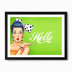 Pop Art Blue Hair Girl Over Green Background Art Print