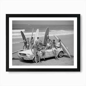 Surfers On The Beach With Car, Black and White Old Photo Art Print