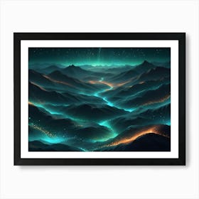 Nighttime Scenery Of A Mountainous Landscape With A River Flowing Through It, Illuminated With Bright, Blue Light Art Print