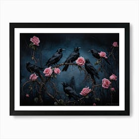 Gothic Moody Watercolor Of Seven Black Crows Perched On Intricate Thorny Branches Delicate Pink Ros Art Print