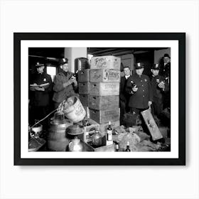 Prohibition, Police Raid Liquor Bottles, Black and White Old Photo, Vintage Bar Cart Decor Art Print