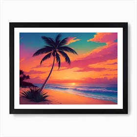 A Tranquil Beach At Sunset Horizontal Illustration 18 Art Print